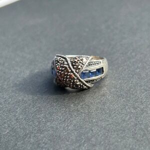 Vintage Marked 925 Sterling Silver Marcasite & Sapphire Statement Ring Size 7
